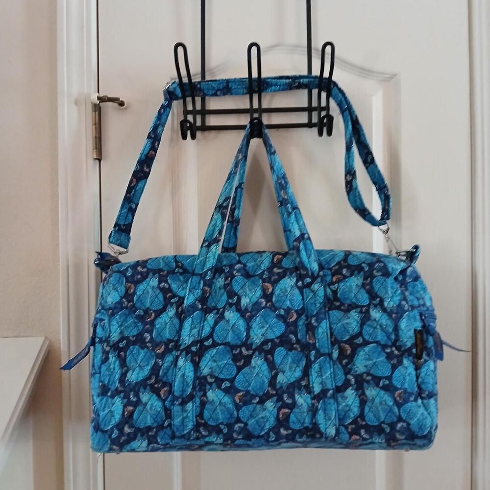 Y2K Vintage Laurel Burch Blue Indigo Cats Quilted Cotton Duffle Bag Boho Cat Bag